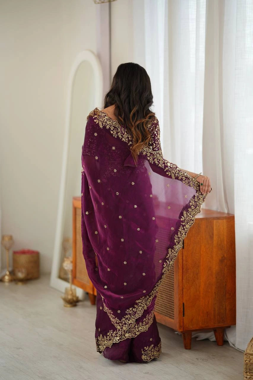 Wine Sequins Embroidered with Thread Work Saree back view